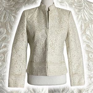 Linen Floral Embroidered Jacket 8P Cream Beige Allover Embroidery Hook Eye